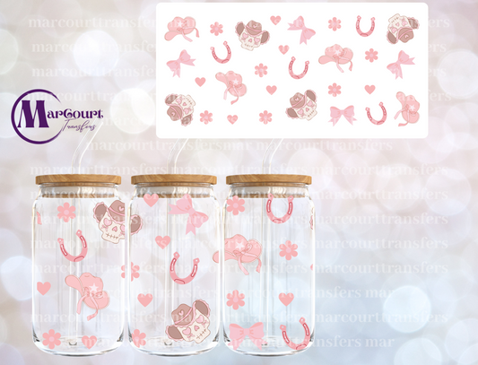 PINK COWBOY SKULLS N BOWS-16 0Z-UV DTF CUP WRAP