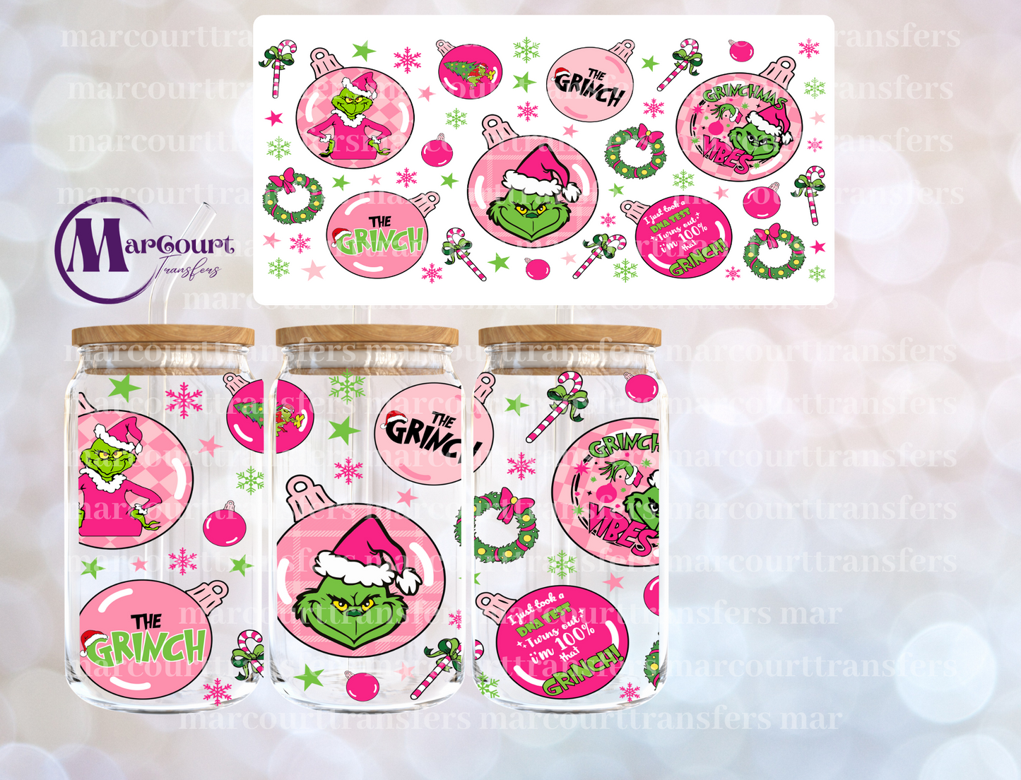 PINK GRINCH CHRISTMAS ORNAMENTS-16 0Z-UV DTF CUP WRAP