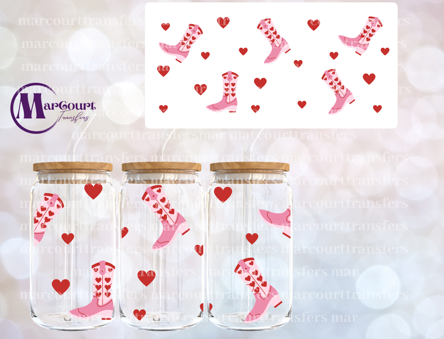 PINK HEART COWBOY BOOTS-16 0Z-UV DTF CUP WRAP