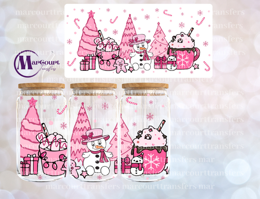 PINK SNOWMAN WITH CHRISTMAS COCOA-16 0Z-UV DTF CUP WRAP