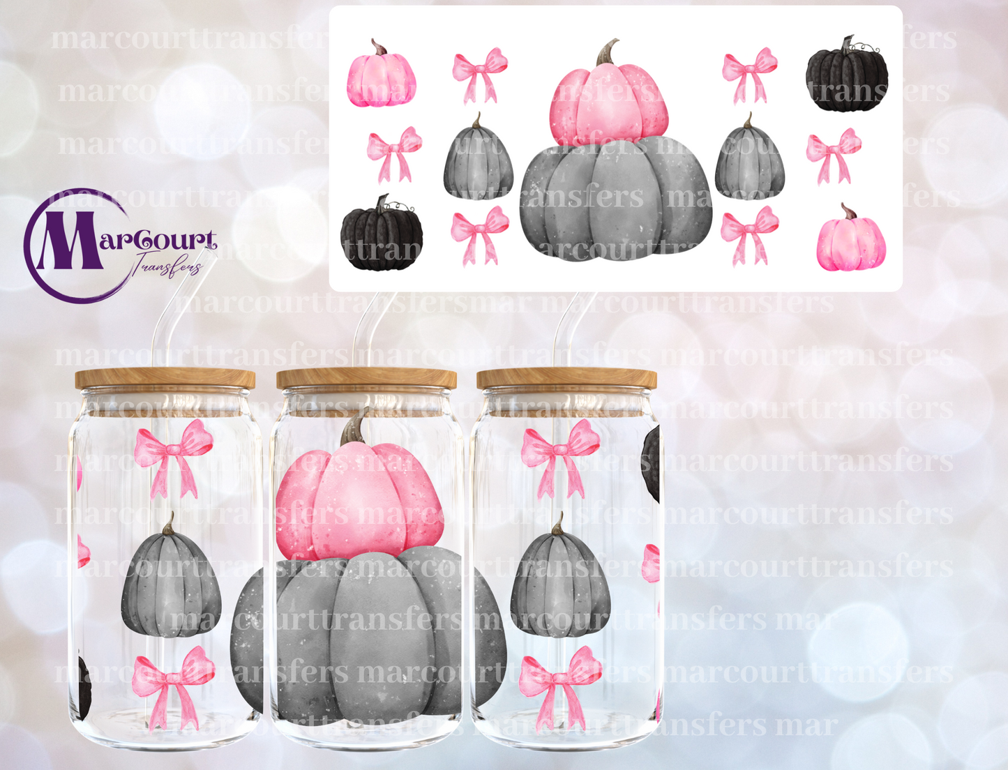 PINK AND GREY PUMPKIN AND BOWS-16 0Z-UV DTF CUP WRAP