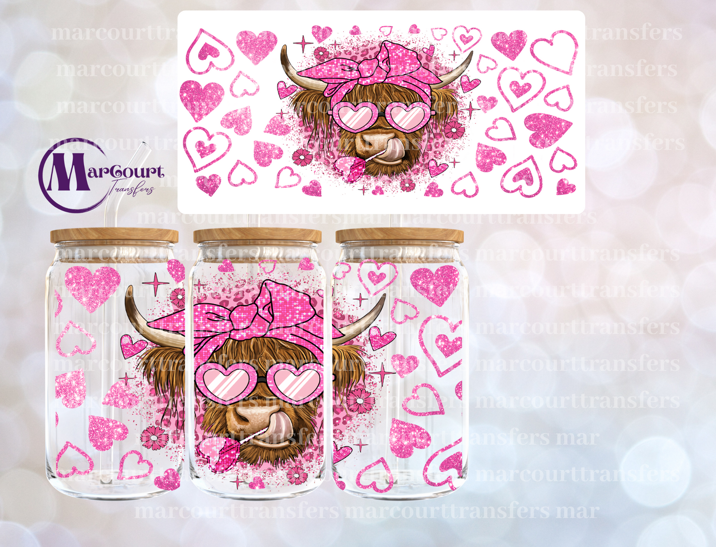 PINK HIGHLAND COW WITH HEARTS-16 0Z-UV DTF CUP WRAP