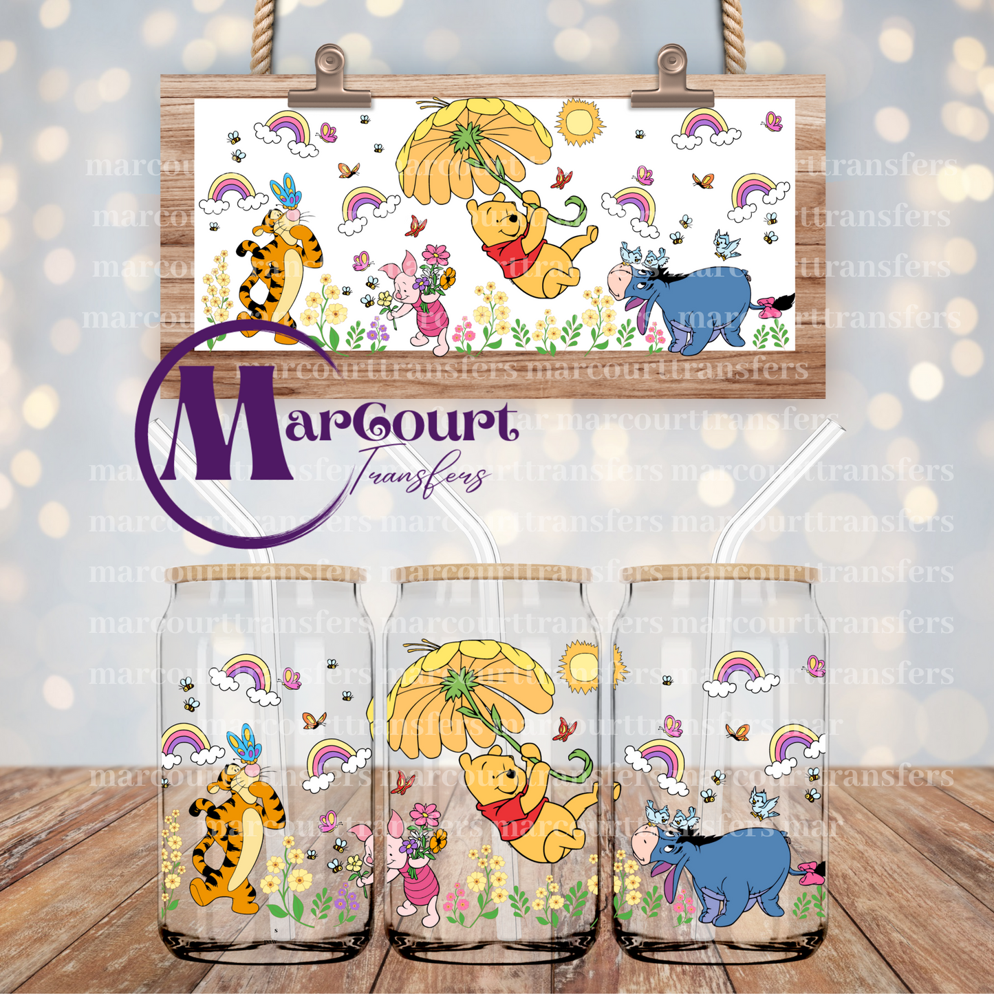 POOH WITH FLOWER UMBRELLA AND RAINBOWS-16 0Z-UV DTF CUP WRAP