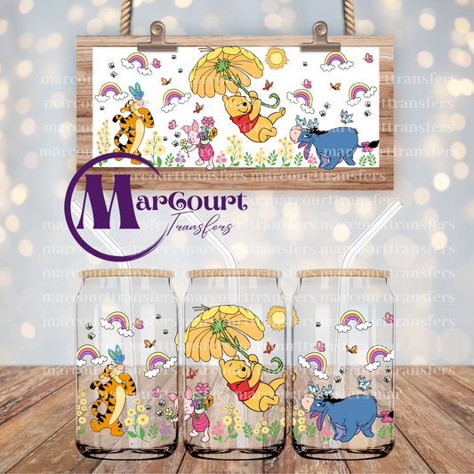 POOH WITH FLOWER UMBRELLA AND RAINBOWS-16 0Z-UV DTF CUP WRAP