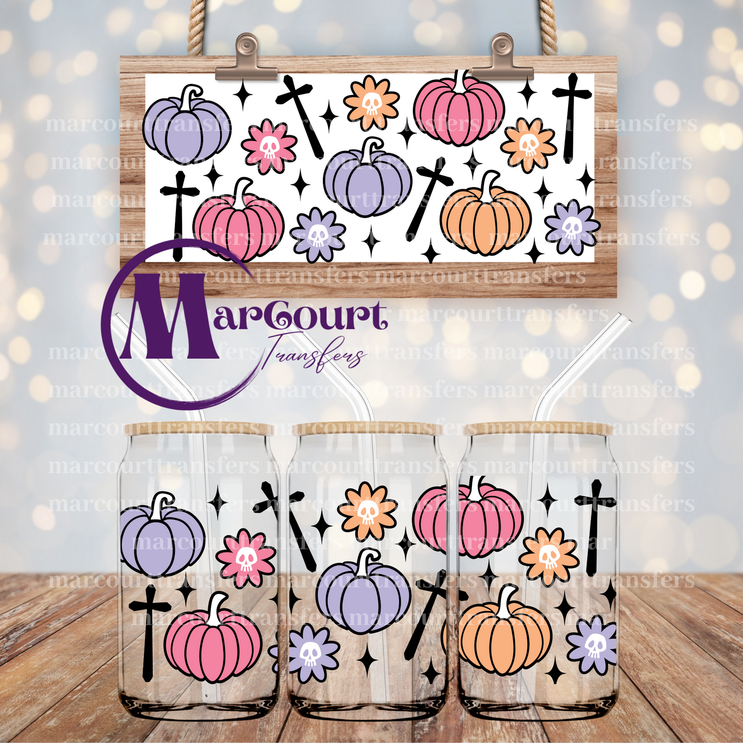 PUMPKINS, CROSSES AND SKULL FLOWERS-16 0Z-UV DTF CUP WRAP