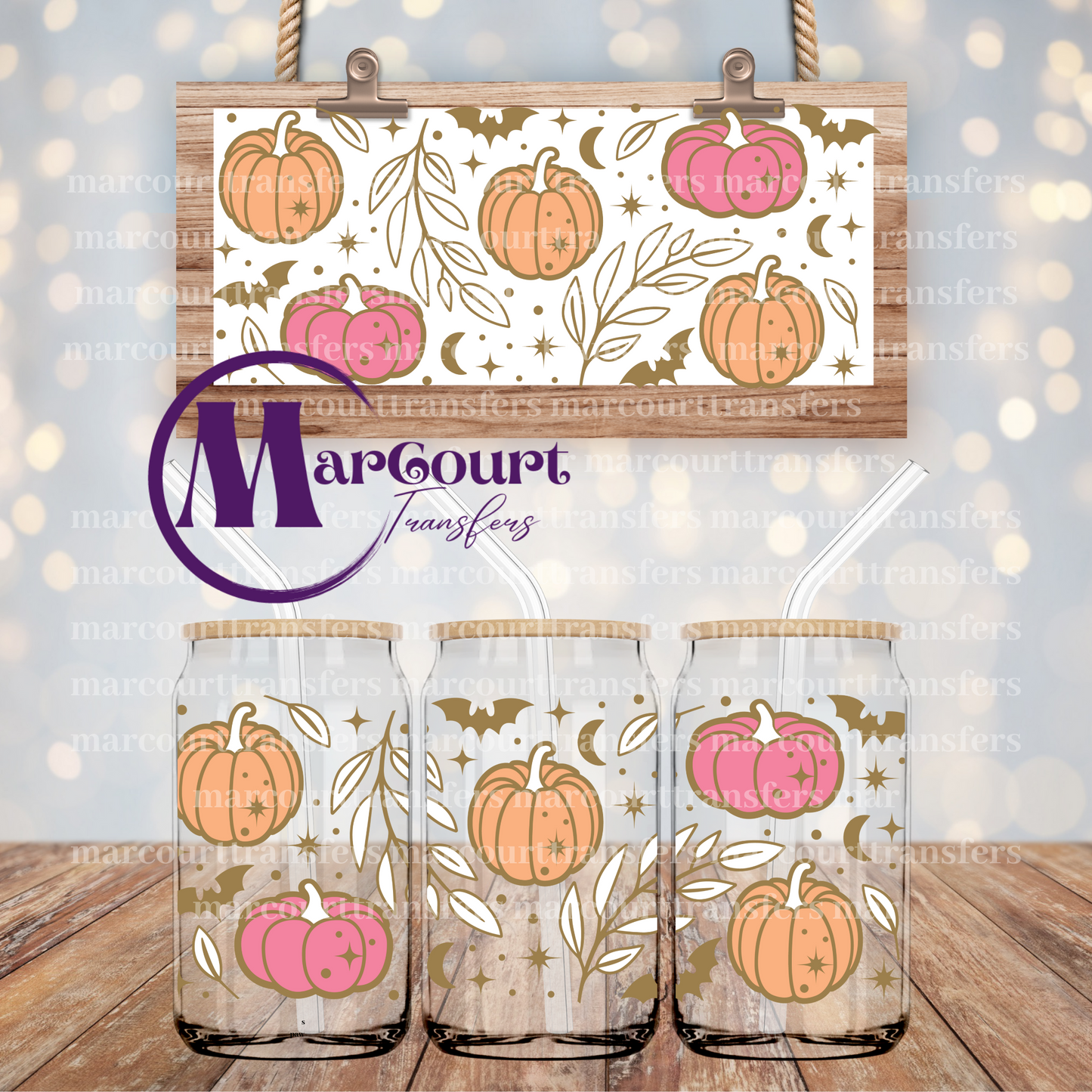 PUMPKINS WITH FALL LEAVES AND BATS-16 0Z-UV DTF CUP WRAP