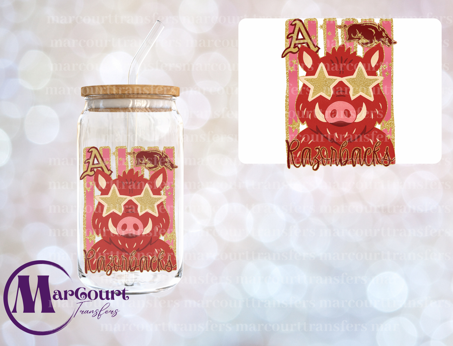 FAUX GLITTER RAZORBACKS MASCOT-DECAL-UV DTF CUP WRAP