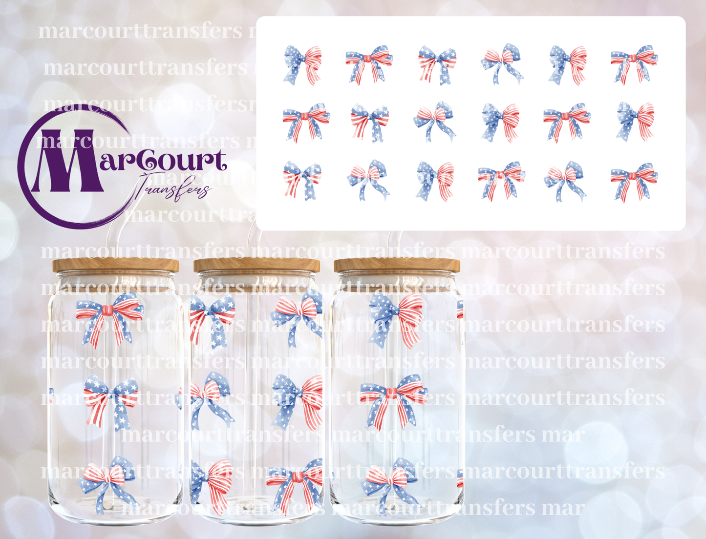 RED WHITE AND BLUE BOWS-16 0Z-UV DTF CUP WRAP