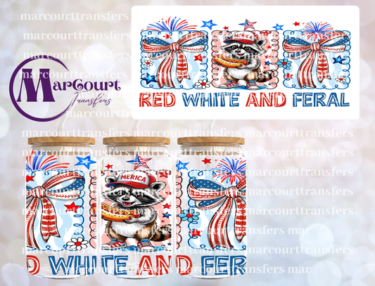 RED WHITE AND FERAL RACCOON-16 0Z-UV DTF CUP WRAP