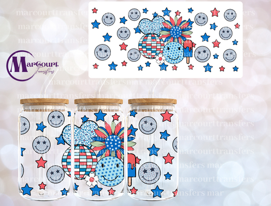 RETRO 4TH OF JULY SUNFLOWERS AND SMILEYS-16 0Z-UV DTF CUP WRAP