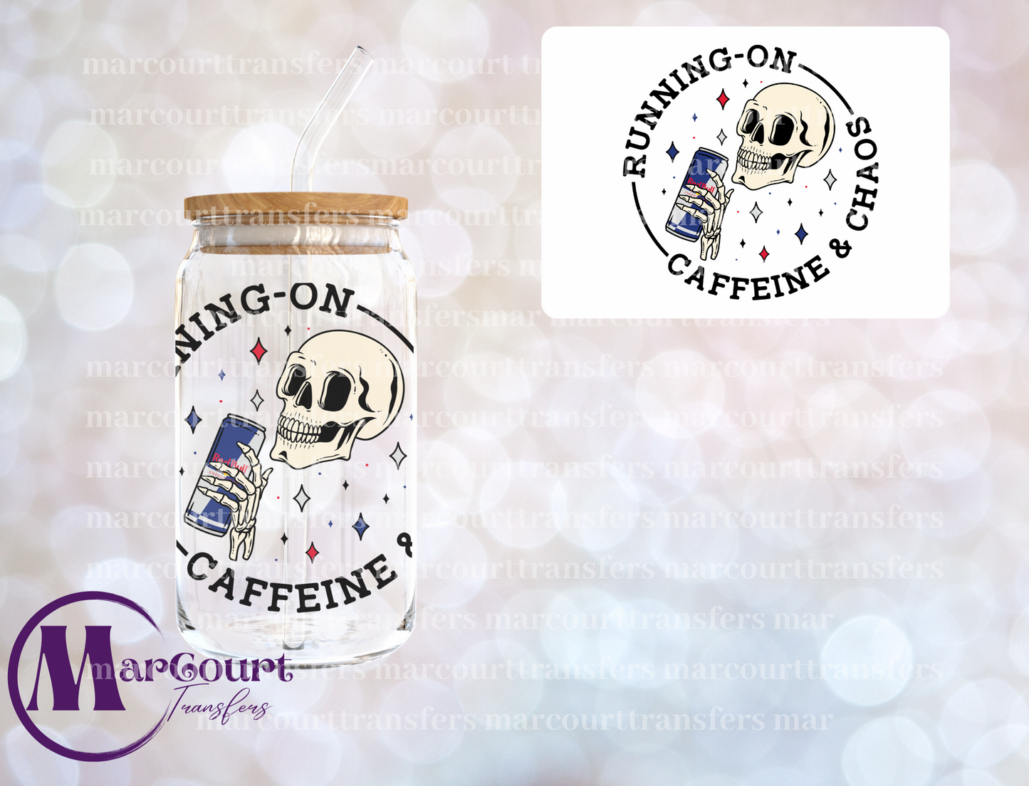 RUNNING ON CAFFEINE AND CHAOS SKELLY-DECAL-UV DTF CUP WRAP