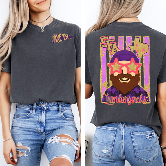 DTF-SFA LUMBERJACKS MASCOT FAUX GLITTER FRONT AND BACK