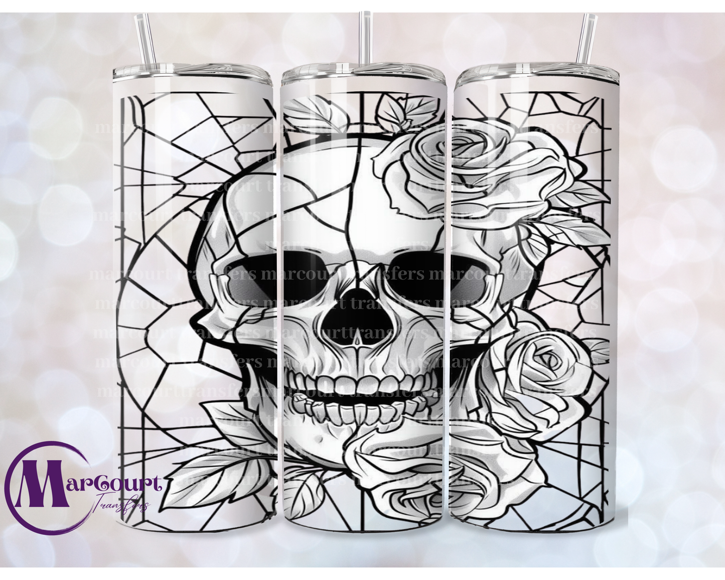 SKULL AND FLOWERS GLASS WINDOW-SKINNY TUMBLER TRANSFER (SUBLIMATION)