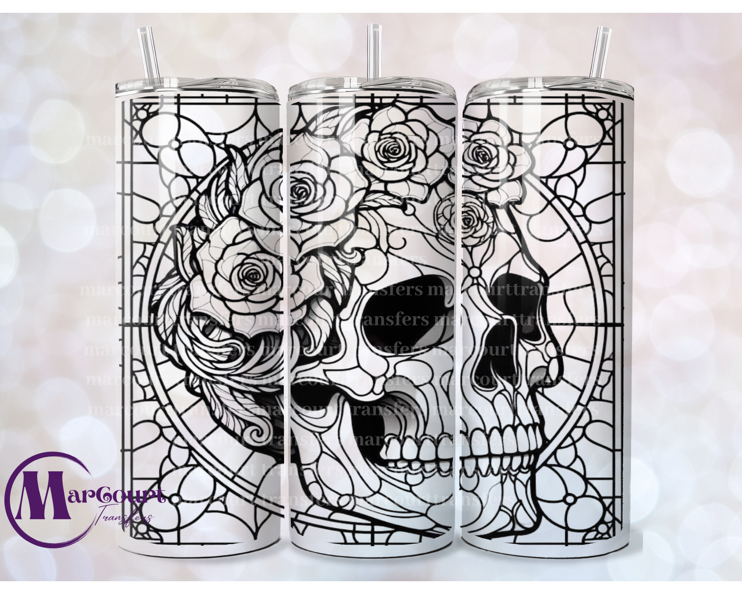 SKULL AND ROSES CROWN GLASS WINDOW-20 OZ-UV DTF CUP WRAP