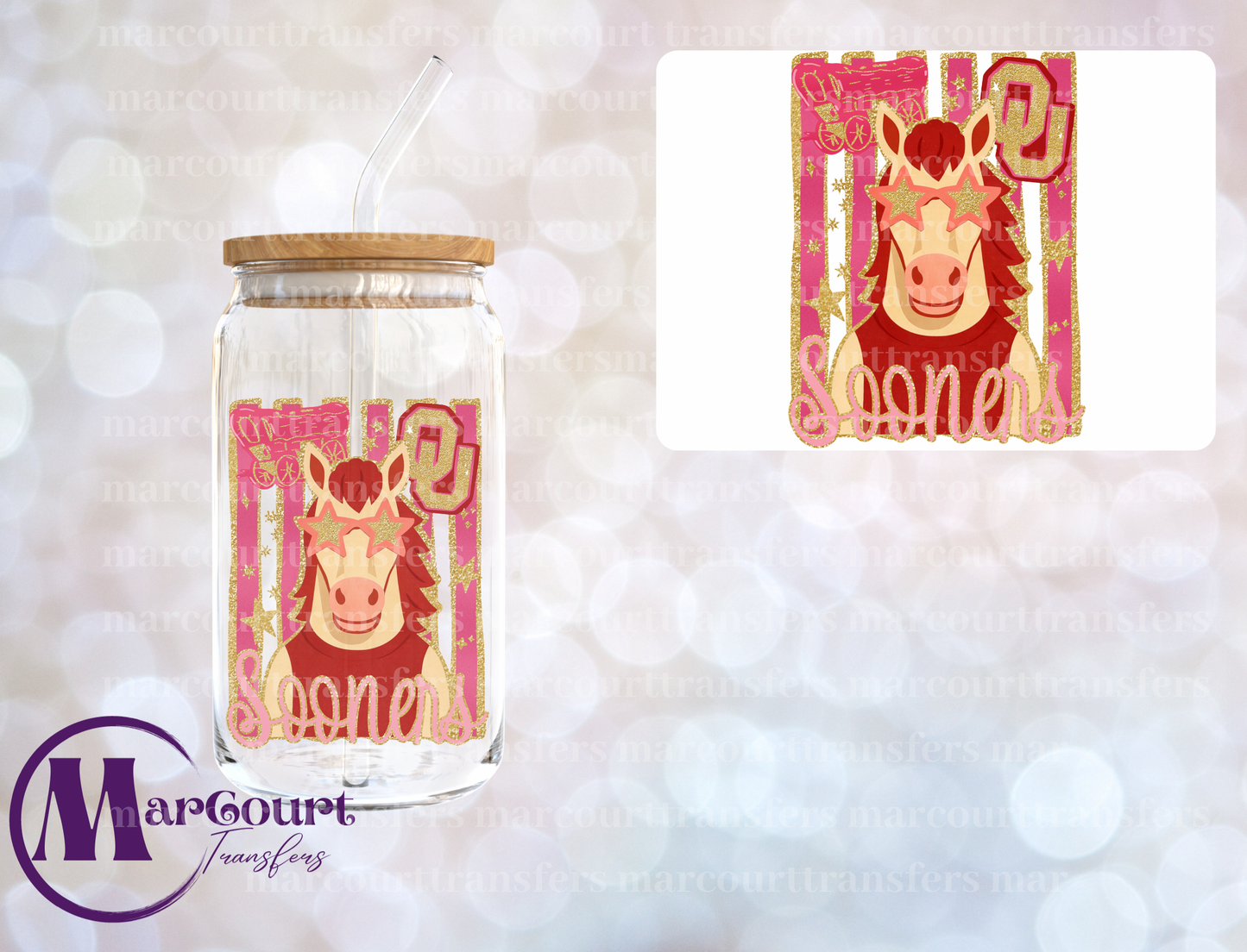 FAUX GLITTER SOONERS MASCOT-DECAL-UV DTF CUP WRAP