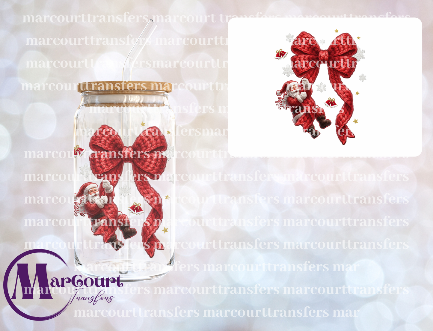 SANTA RED BOW FAUX YARN-DECAL-UV DTF CUP WRAP