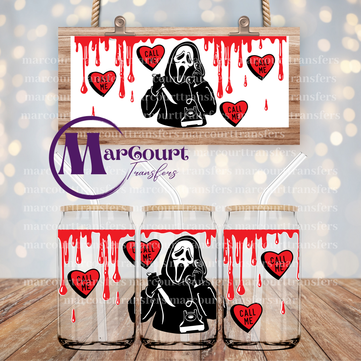 SCREAM CALL ME WITH RED HEARTS-16 0Z-UV DTF CUP WRAP