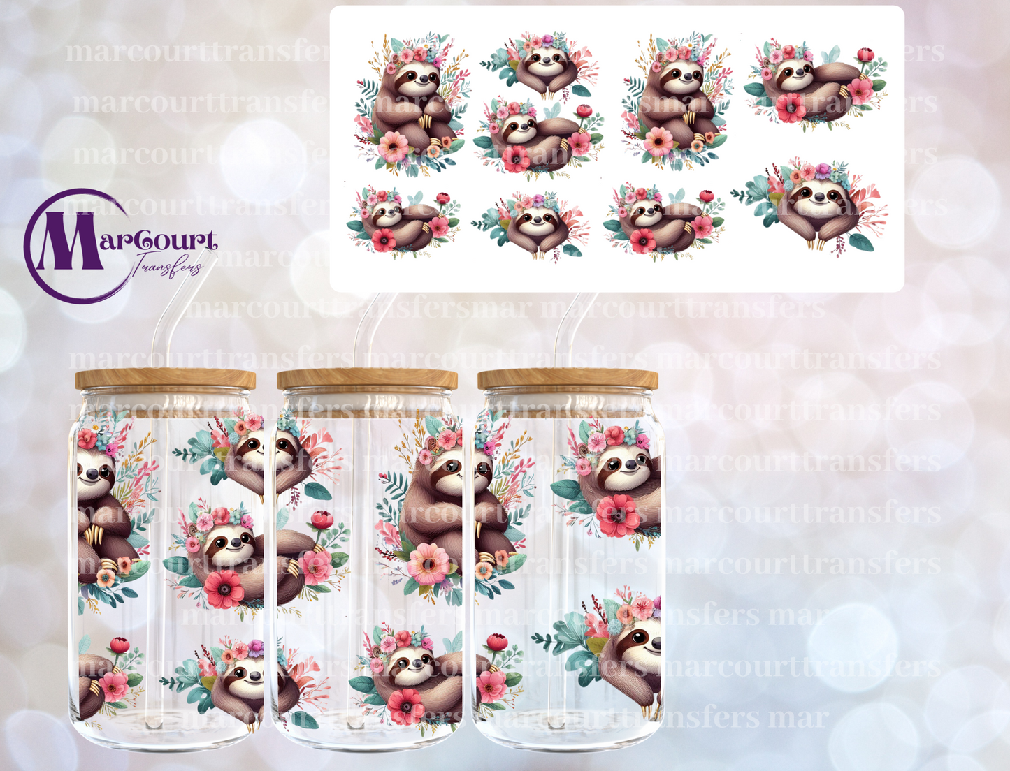 SLOTHS WITH FLORALS-16 0Z-UV DTF CUP WRAP