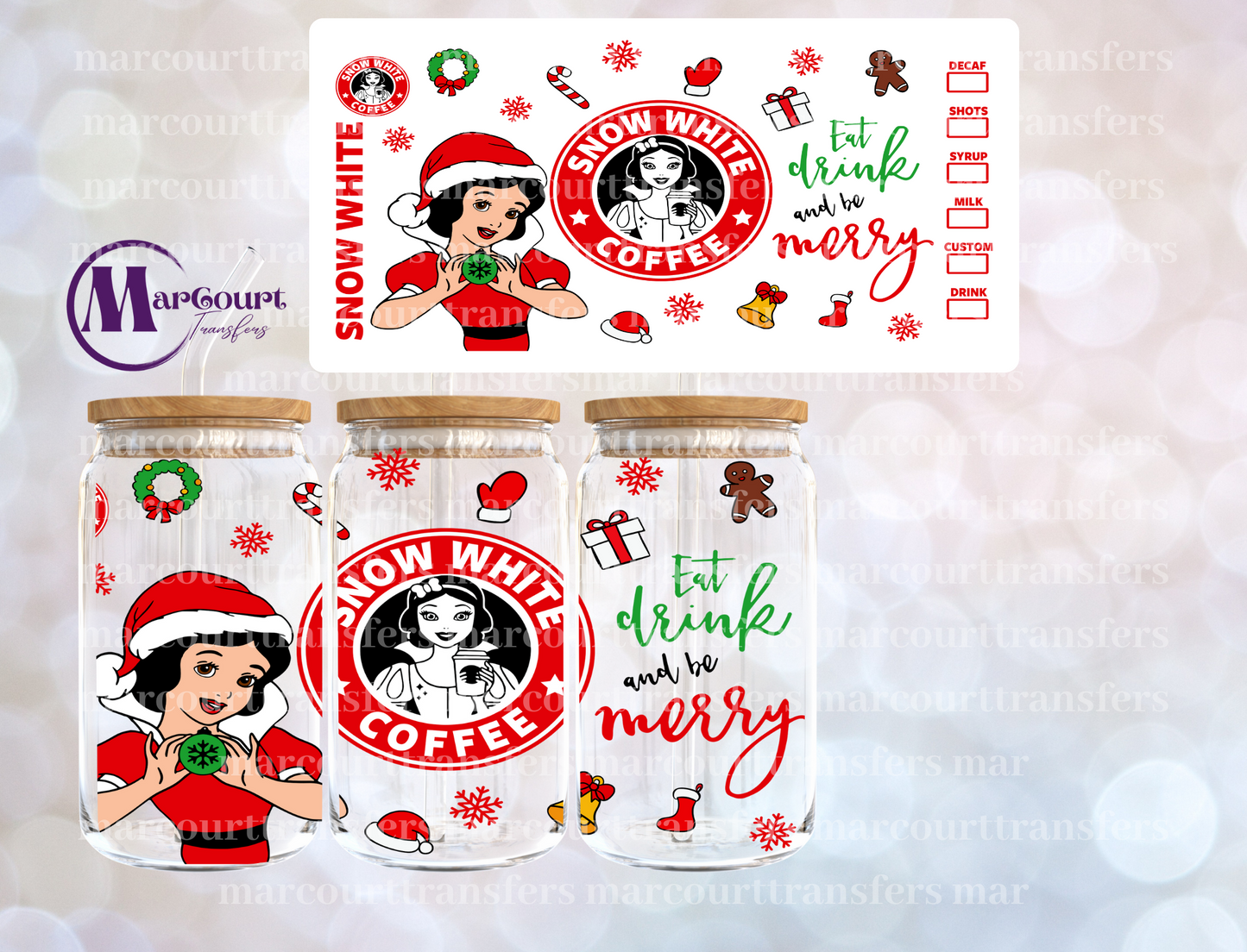 SNOW WHITE CHRISTMAS COFFEE-16 0Z-UV DTF CUP WRAP