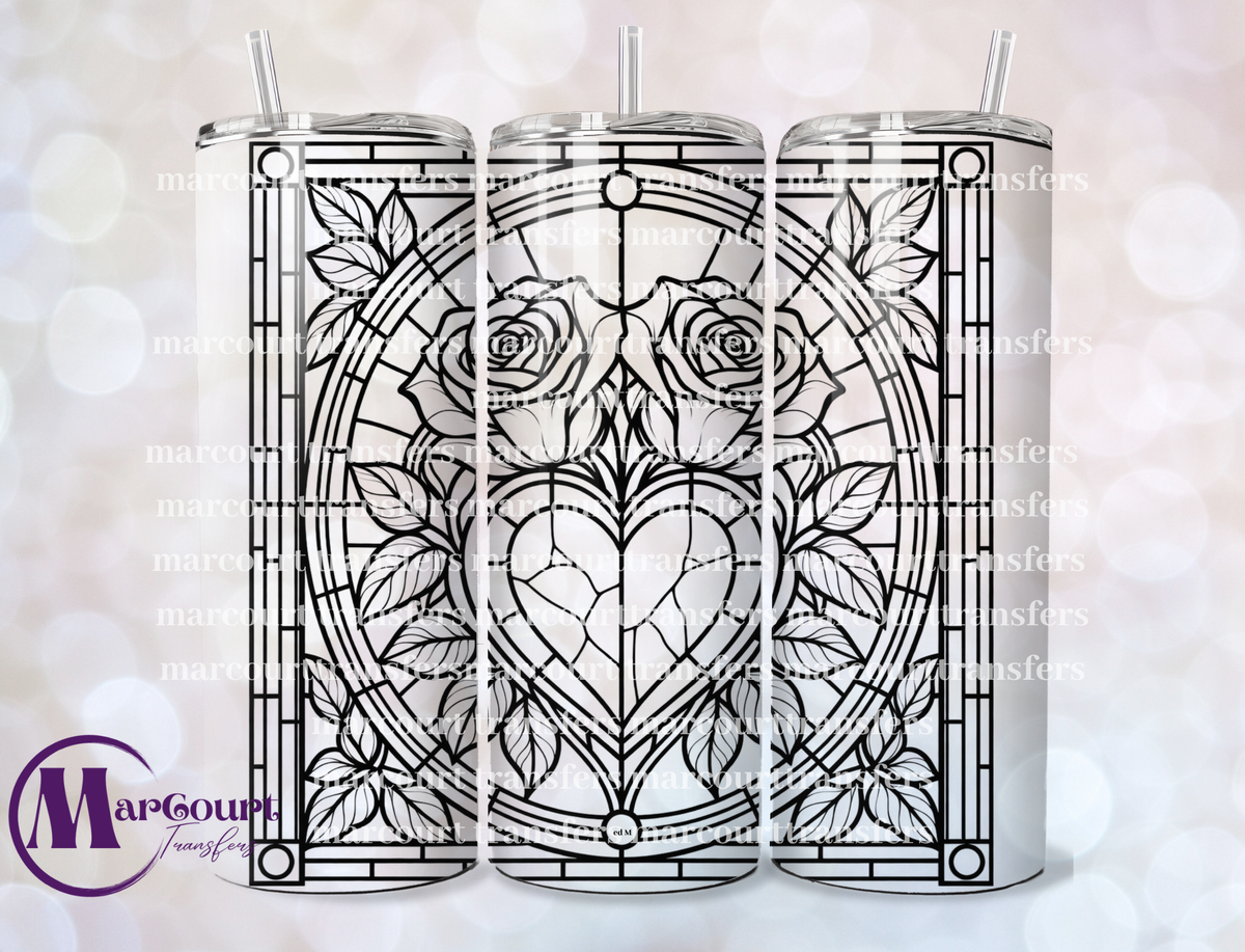 STAIN GLASS HEART AND ROSES-SKINNY TUMBLER TRANSFER (SUBLIMATION)