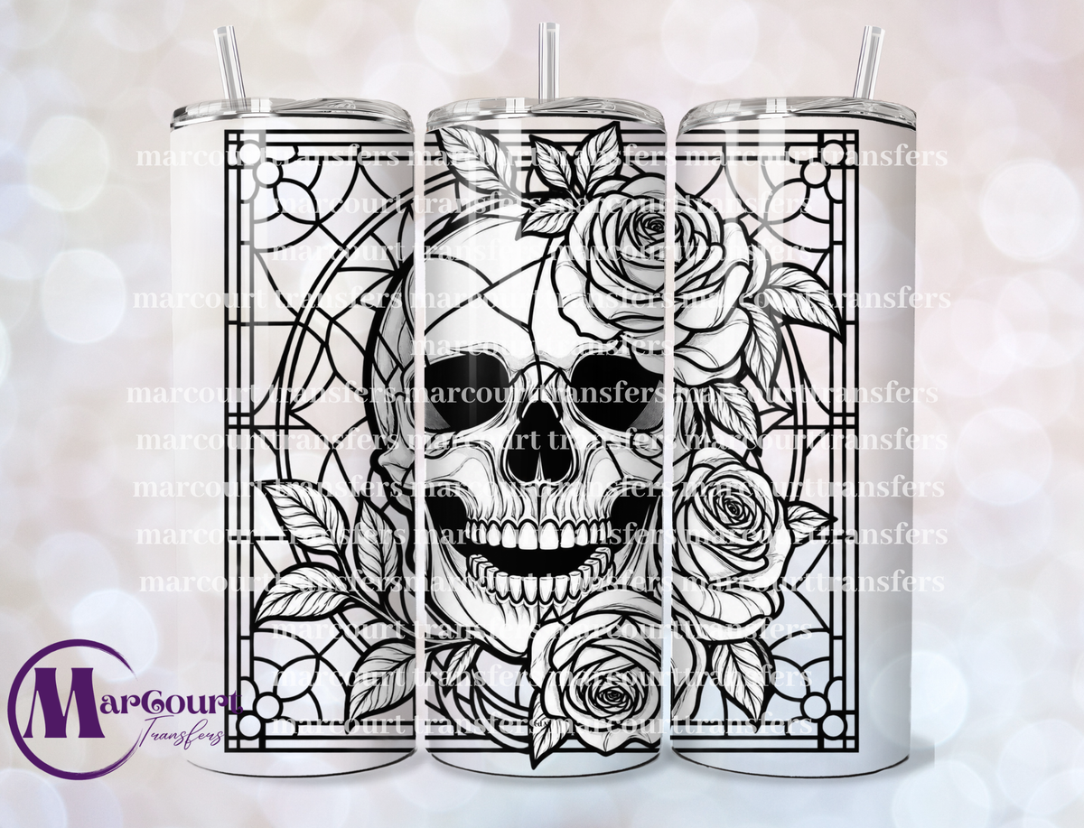 STAIN GLASS SKULL FLORAL-SKINNY TUMBLER TRANSFER (SUBLIMATION)