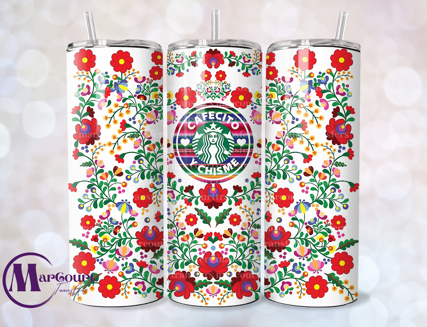 STARBUCKS CAFECITO Y CHISME RED FLORAL-SKINNY TUMBLER TRANSFER