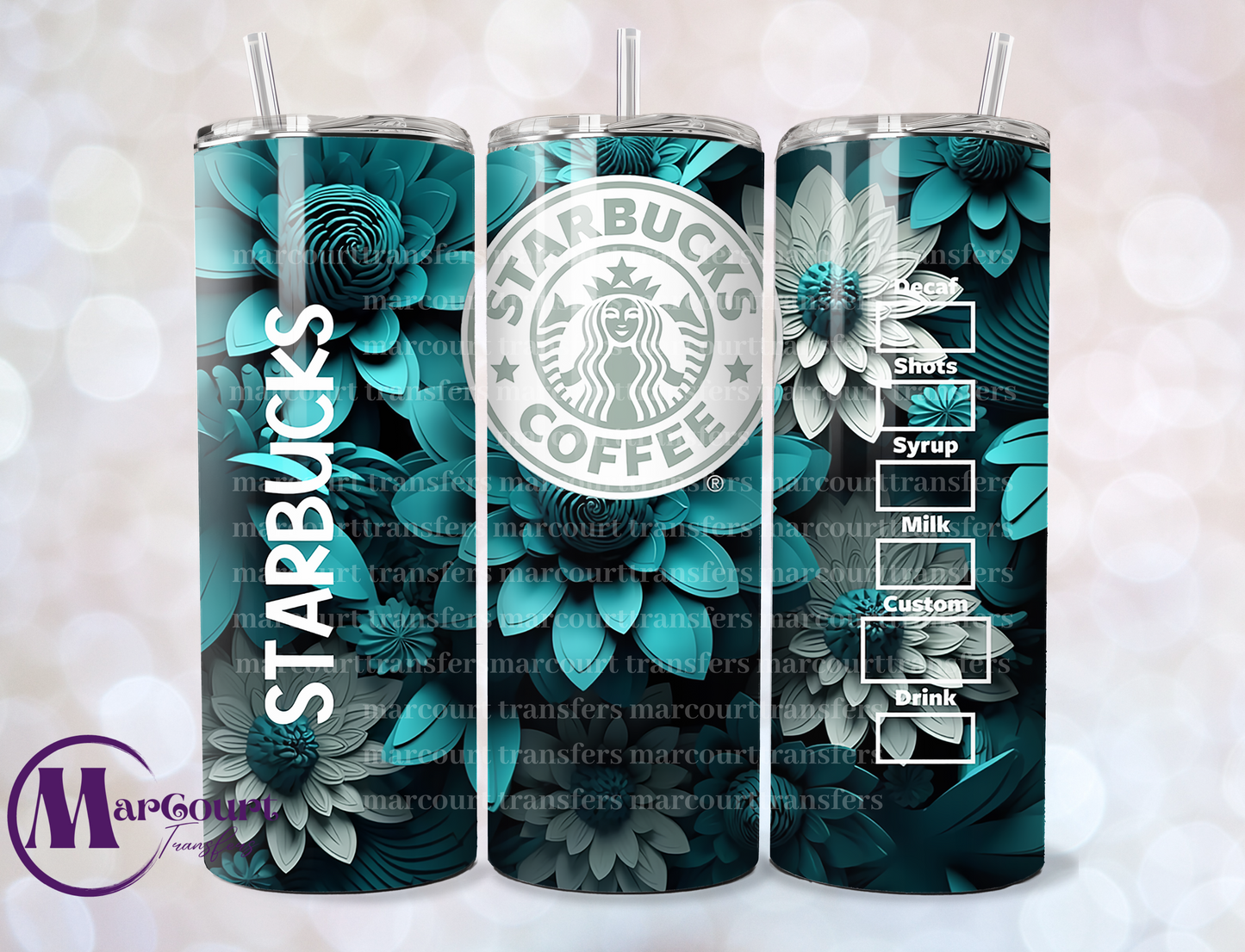 STARBUCKS TEAL FLORAL-SKINNY TUMBLER TRANSFER