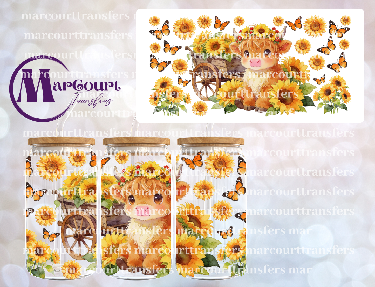SUNFLOWERS HIGHLAND AND BUTTERFLIES-16 0Z-UV DTF CUP WRAP