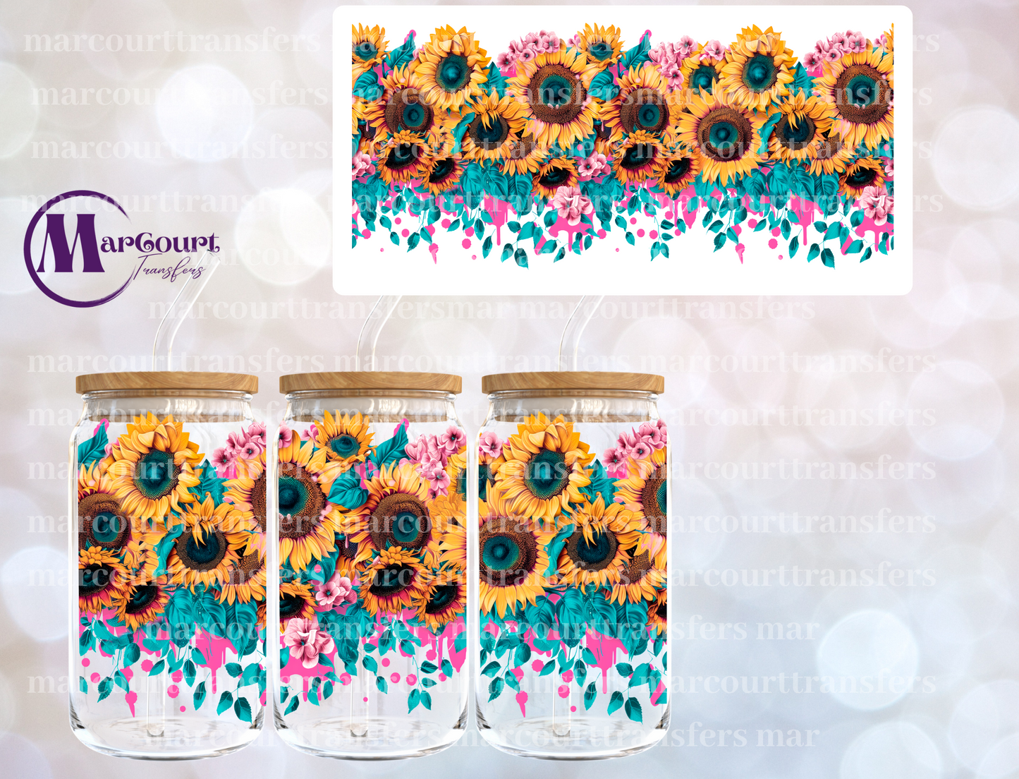 SUNFLOWERS TEA AND PINK-16 0Z-UV DTF CUP WRAP