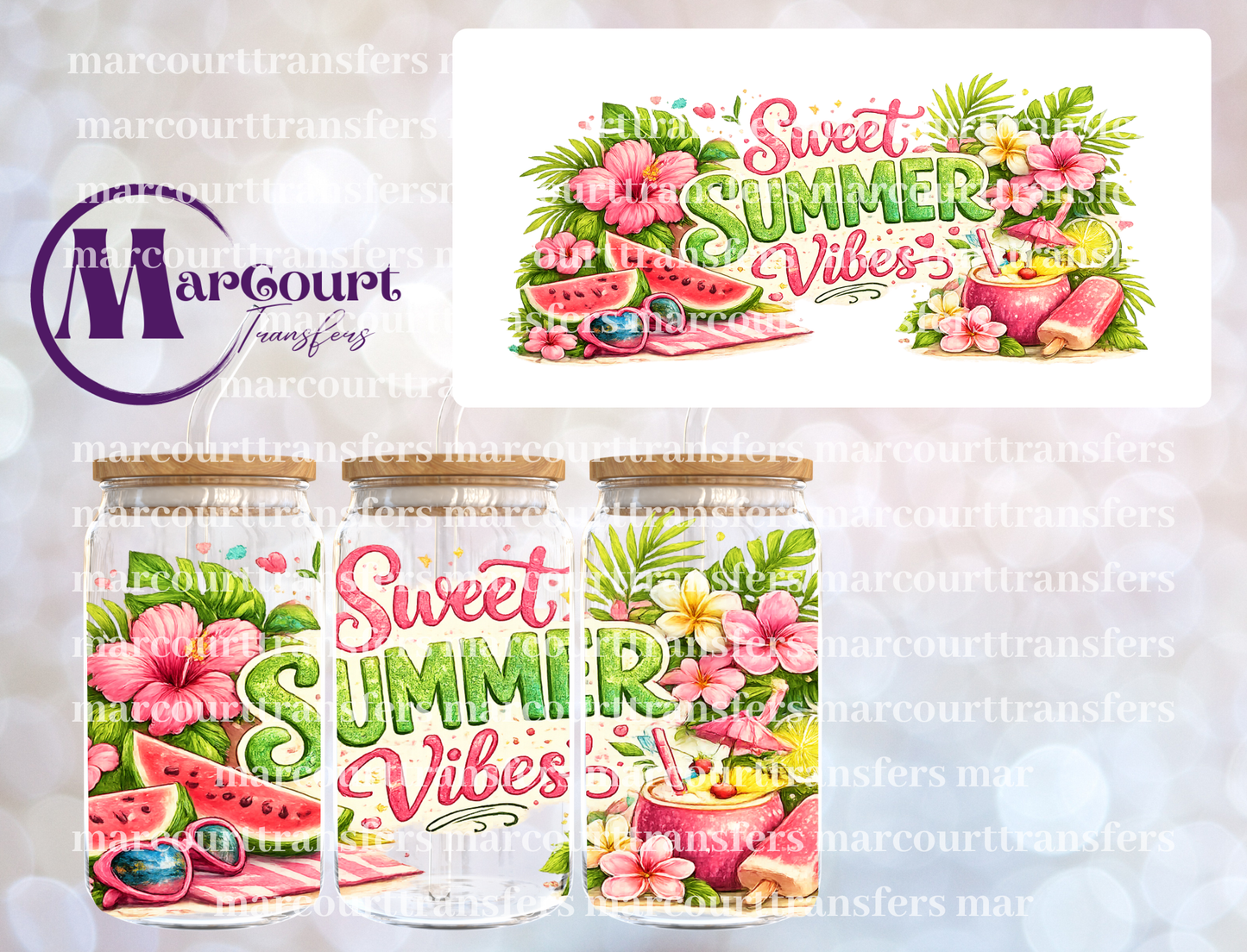 SUMMER VIBES PINK AND GREEN-16 0Z-UV DTF CUP WRAP