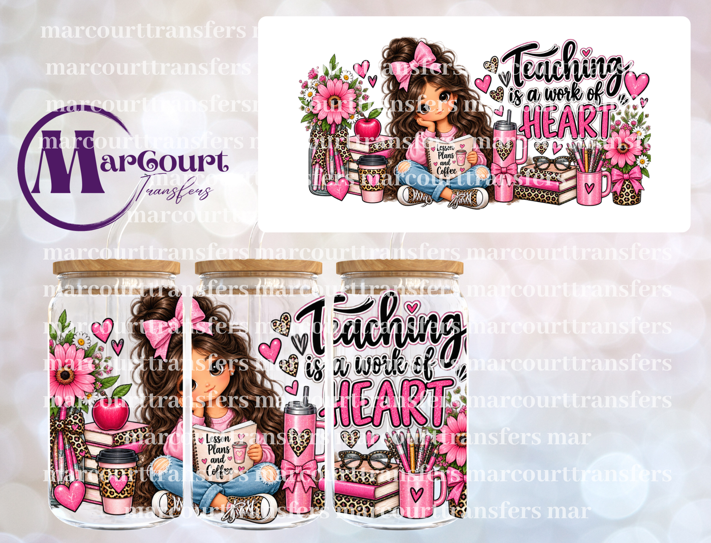TEACHING IS A WORK OF HEART PINK CHEETAH-16 0Z-UV DTF CUP WRAP