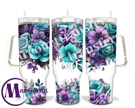 TEAL AND PURPLE FLORALS-40 0Z-UV DTF CUP WRAP