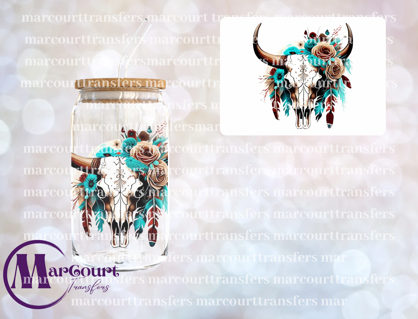 TEAL AND RED COW SKULL-DECAL-UV DTF CUP WRAP