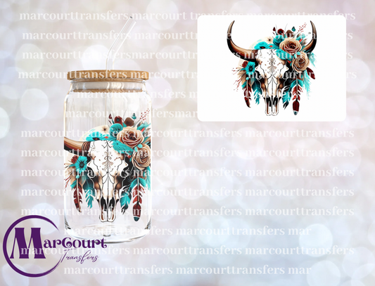 TEAL AND RED COW SKULL-DECAL-UV DTF CUP WRAP
