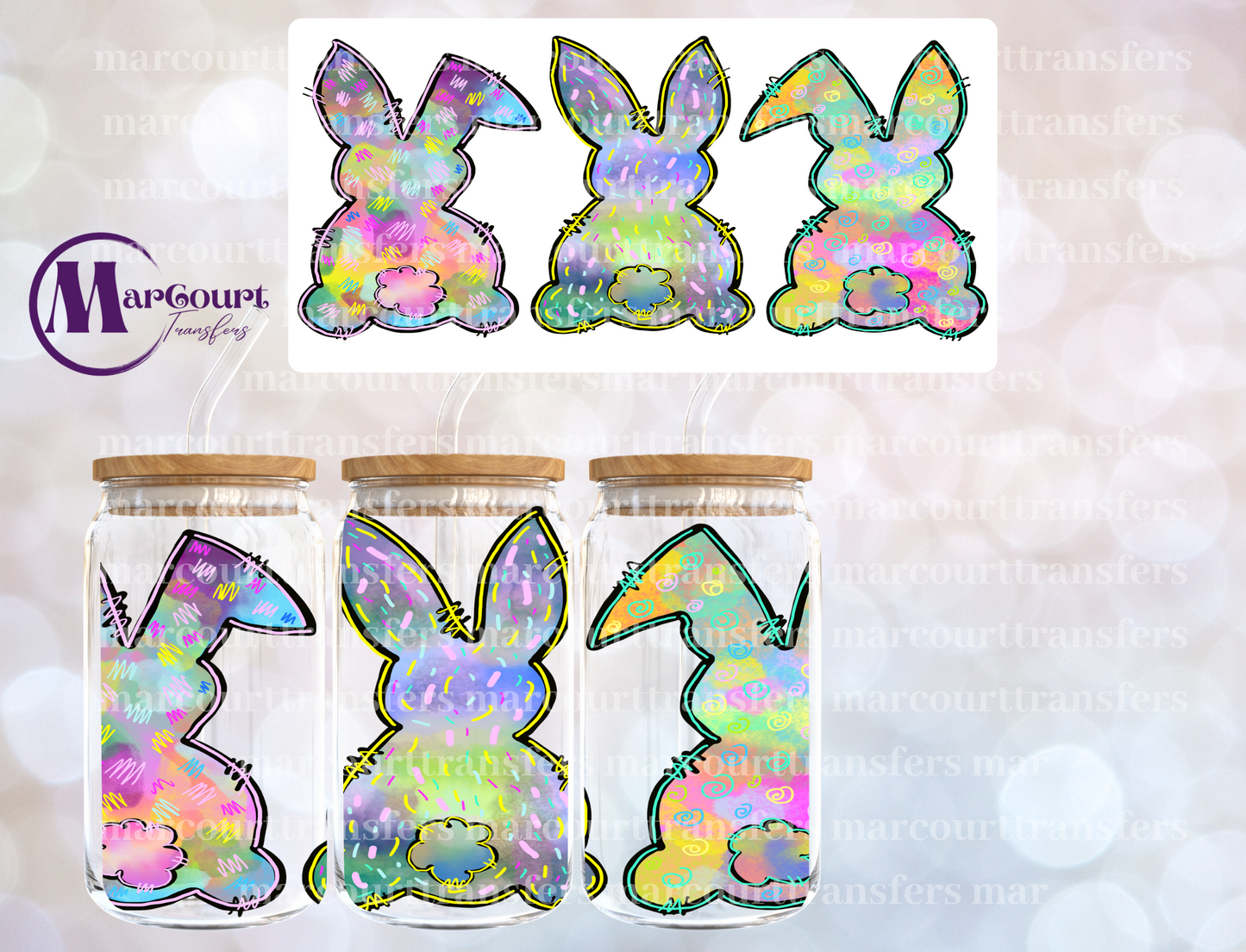 THREE RAINBOW BUNNIES-16 0Z-UV DTF CUP WRAP