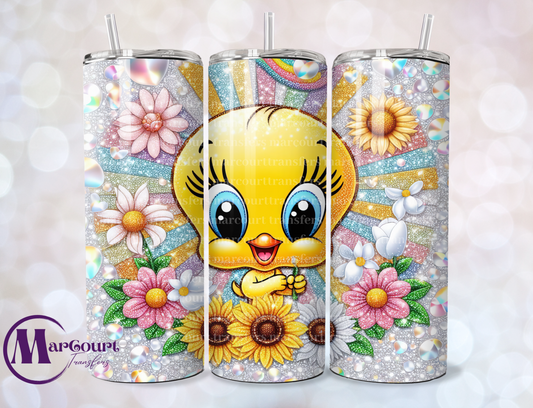 TWEETY GLITTER WITH FLOWERS-SKINNY TUMBLER TRANSFER