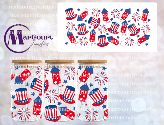 UNCLE SAM HAT AND FIREWORKS-16 0Z-UV DTF CUP WRAP