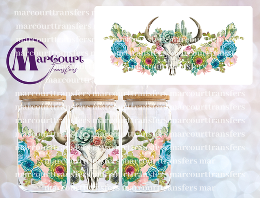 WESTERN SKULL AND FLOWERS-16 0Z-UV DTF CUP WRAP
