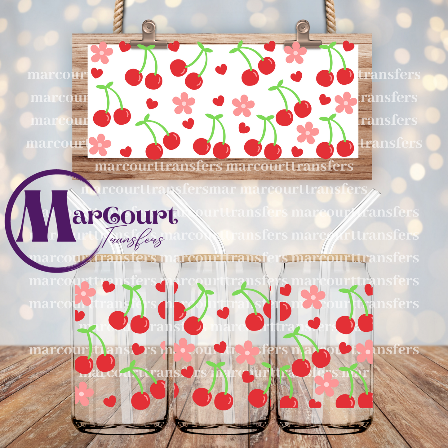 CHERRIES AND DAISIES-16 0Z-UV DTF CUP WRAP