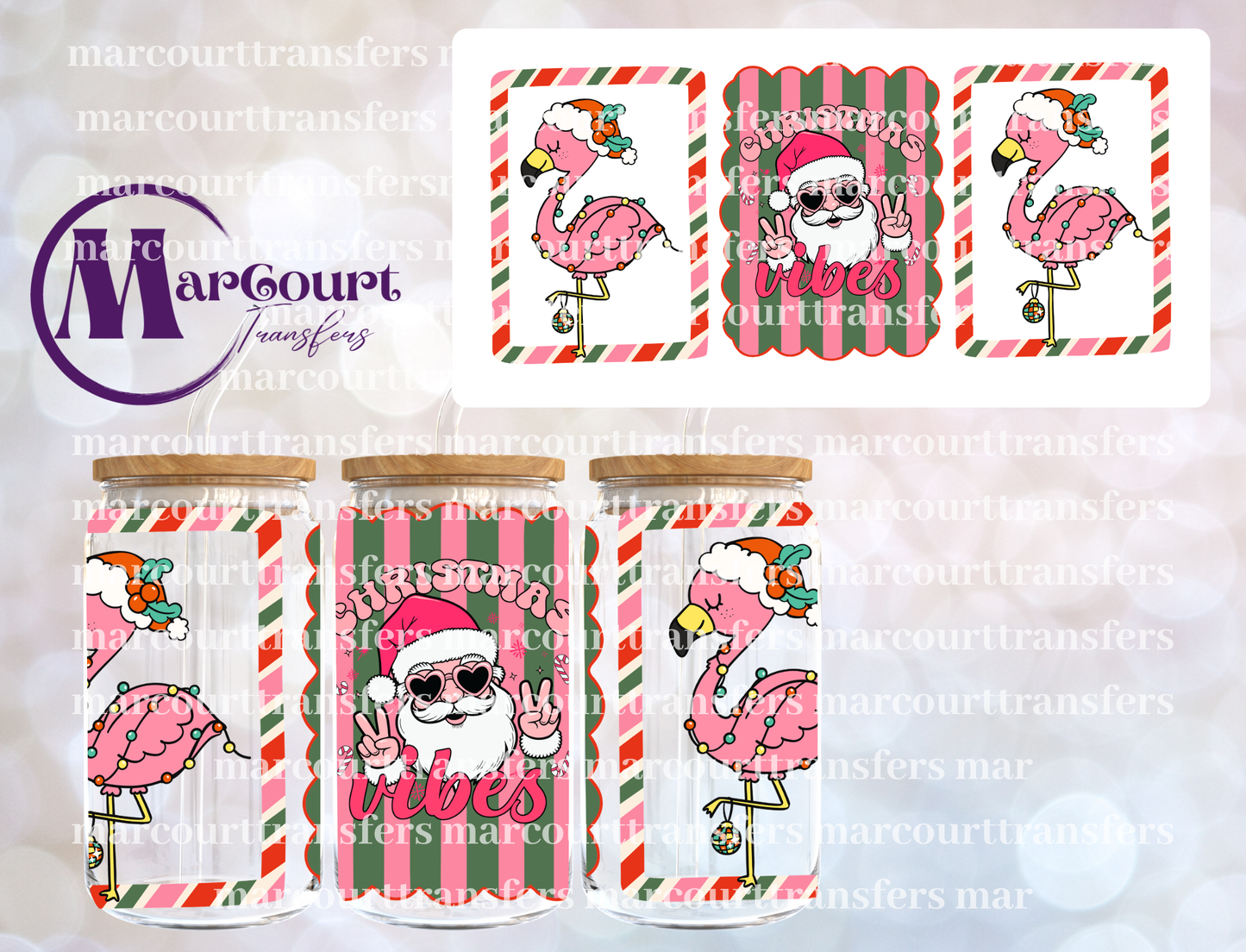 CHRISTMAS VIBES SANTA AND FLAMINGOS-16 0Z-UV DTF CUP WRAP