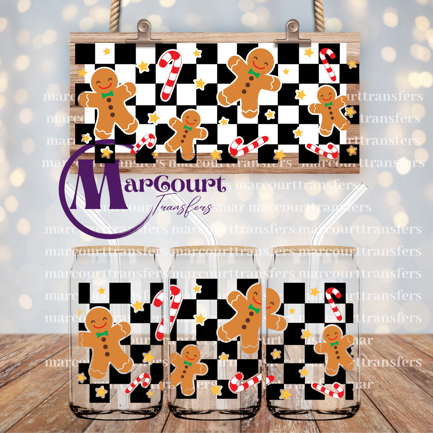 GINGERBREAD AND CANDY CANES CHECKERED-16 0Z-UV DTF CUP WRAP