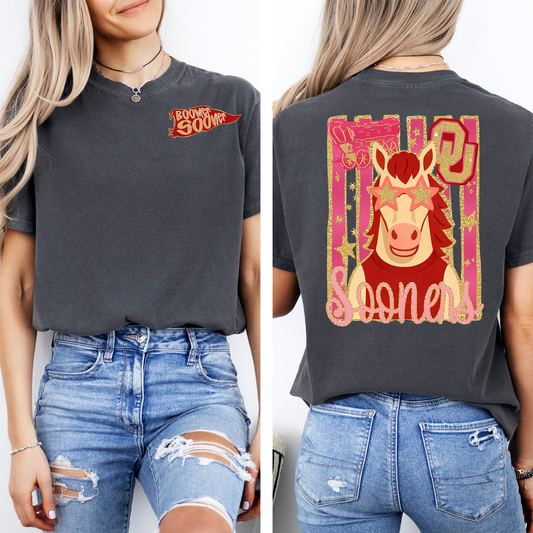 DTF-SOONERS MASCOT FAUX GLITTER FRONT AND BACK