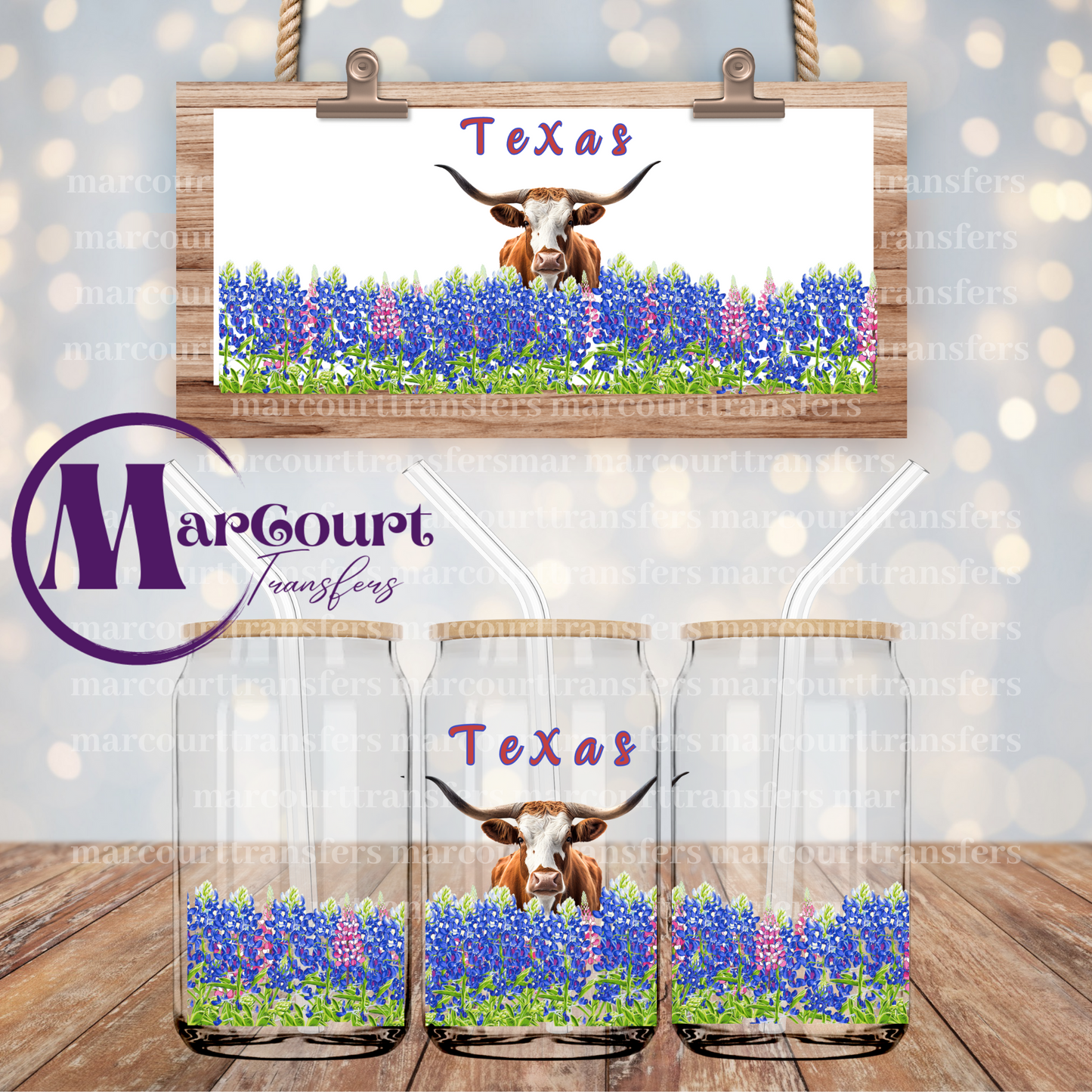 Texas Pride Longhorn and Bluebonnets-16 0Z.-UV DTF CUP WRAP